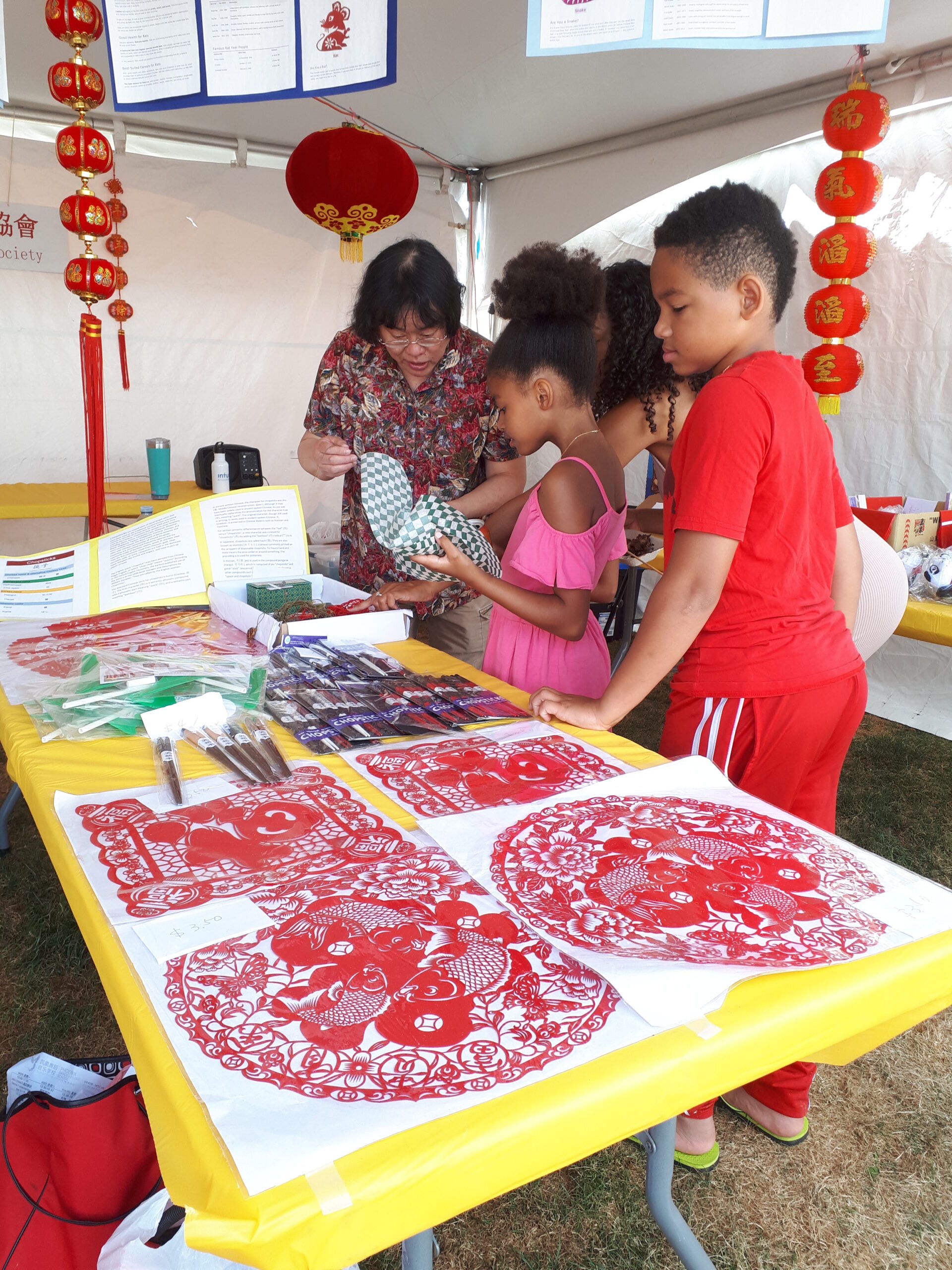 Chinese cultural craft stall with paper-cut artworks